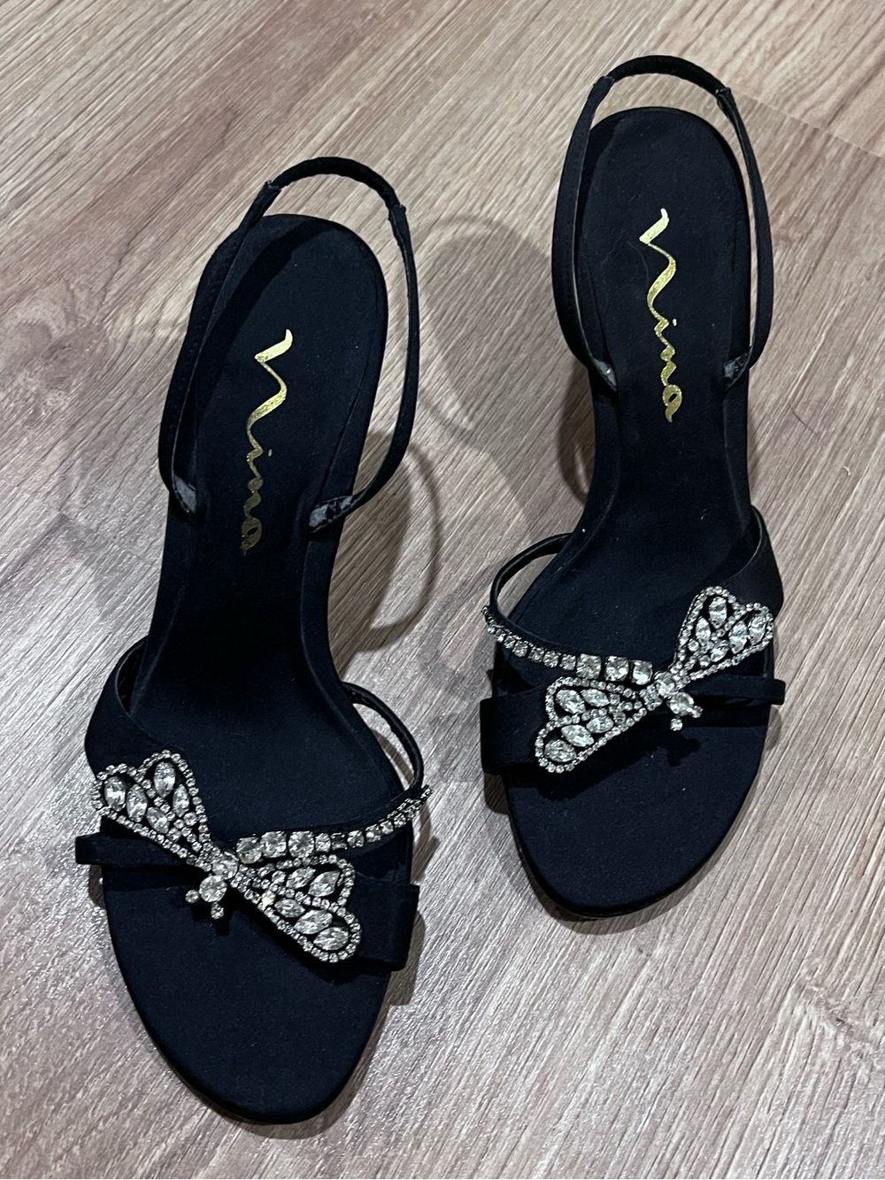 Nina Black Satin Slingback Sandals with Crystal Butterfly Size 6 Vintage